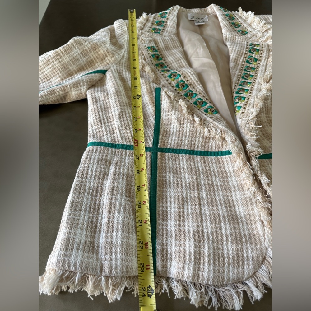Beige Plaid Blazer with Fringe and Green Embroidery Accents,Size 16, Lined, NWT - Picture 3 of 8